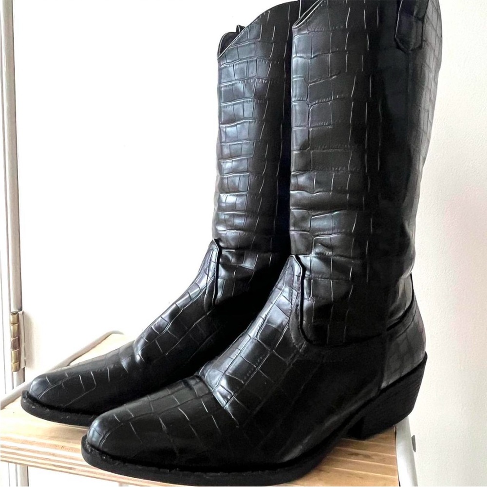 Black Faux Snakeskin Cowboy Boots